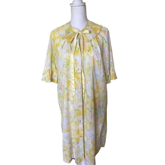 Vintage Loungees Women's Yellow Floral Button Front Night Gown Dress Size 14 - Picture 1 of 9